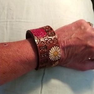 Vintage 1970's Handcrafted Cowhide Leather Hand Tooled and Painted Cuff …